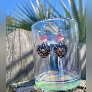 Handcrafted Silver and Pink Catseye Heart Earrings